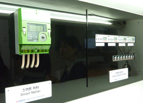 左側にあるモスグリーンの装置がスマートメーター（LS社製）で、右側が配電盤