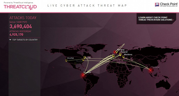 チェック・ポイントのWebサイト上で公開されている「Live Cyber Attack Threat Map」