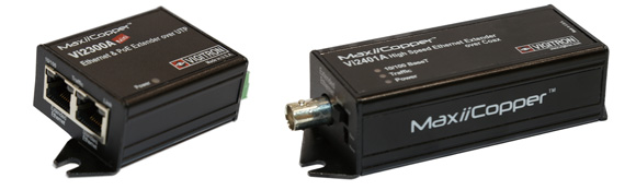 PoE延長装置「Vi2300A」（左）と「Vi2401A」の製品画像。サイズは名刺入れの半分程度とコンパクト