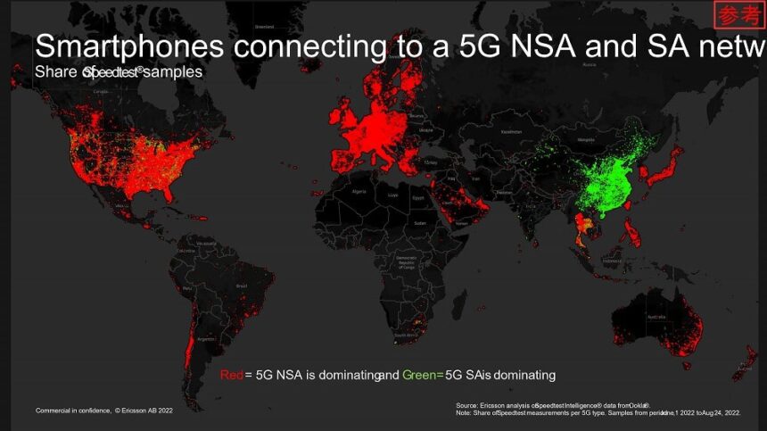 5GNSA（赤）と5G SA（緑）の分布
