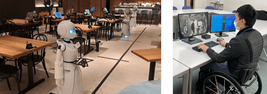 分身ロボットカフェでの実証実験の様子（左）、NTT武蔵野研究開発センタの操作者（右）