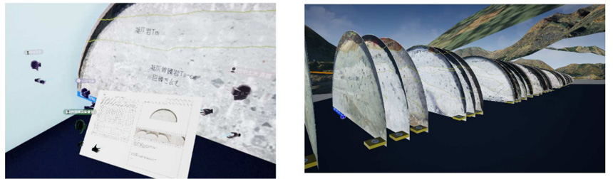 資料と3Dモデルを組合せた状況確認（左）と 連続した切羽の断面 