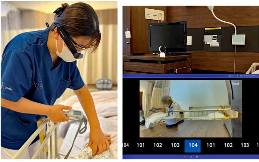 スマートグラスを装着し看護する看護師（左）、ネットワークカメラの設置状況（右上）とスマートグラスから見える映像（右下）