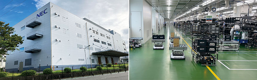 （左から）掛川事業所の新工場の外観、AMRなどを用いた自動搬送システム（出典：NECプラットフォームズ）