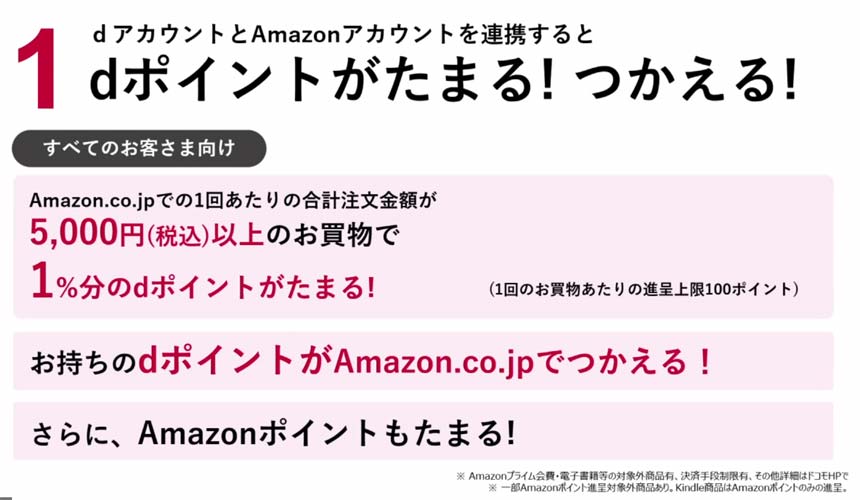 Amazon.co.jpでの1回あたりの合計注文金額が5000円（税込）以上の買い物で、1％分のdポイントがたまる