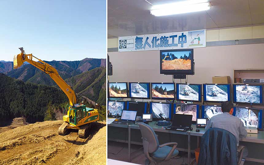 奈良県の災害復旧事業での無人化施工の様子。超低遅延コーデックを利用することで、重機のアームの先端などに取り付けられた2Kカメラの映像を遠隔操作室のモニターで見て、重機の操作を行うことが可能になる