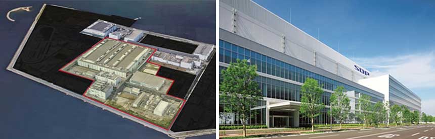 シャープ堺工場内のデータセンター設置予定エリア（赤枠）／データセンター設置予定エリア内の液晶パネル工場外観
