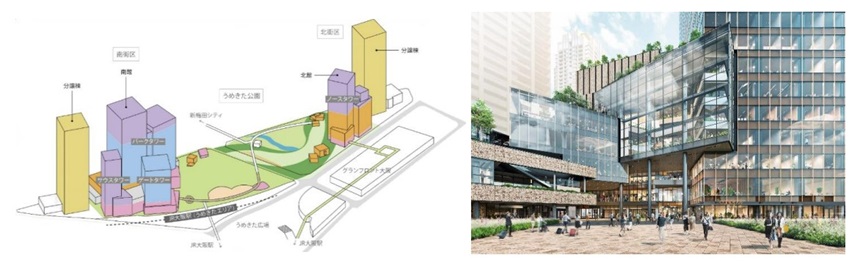 グラングリーン大阪 全体図（左）とショップ＆レストラン北館イメージ図