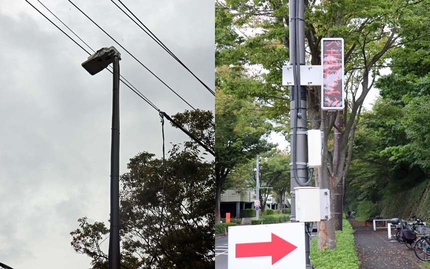 （左から）スマート道路灯、スマート道路灯に設置された電光掲示板