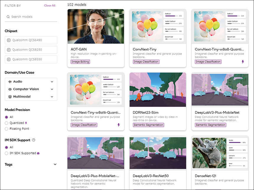 100超のモデルを用意する「Qualcomm AI Hub」（https://aihub.qualcomm.com/）。対応するSoCや用途からモデルを選択して検証できる