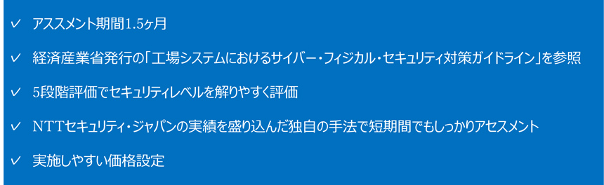 「OTセキュリティ アセスメント」の主な特徴（青い背景に白い文字で特徴を箇条書きした画像）