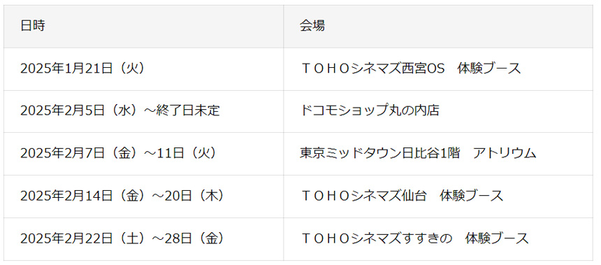 体験イベントの日程・会場。これら以外の開催については決定次第特設サイトで案内されるとのこと（イベントの日時と会場の一覧表）