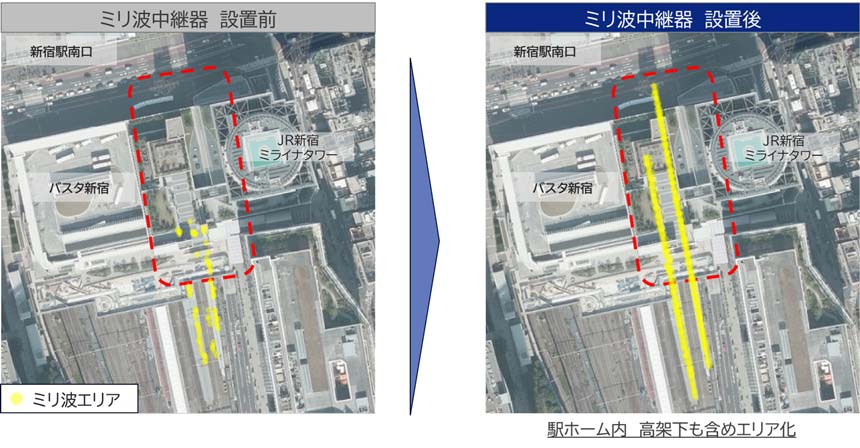ミリ波中継器設置前後のミリ波エリアの比較