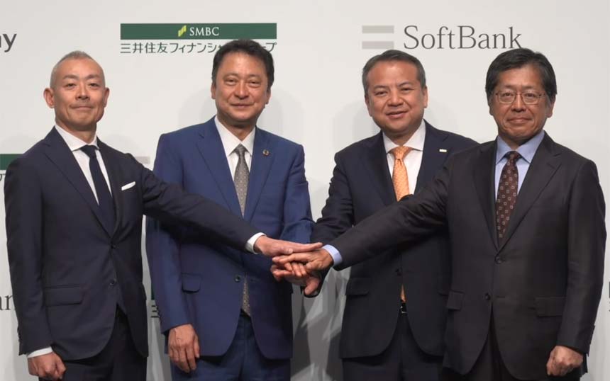 （左から）PayPay 代表取締役 社長執行役員 CEO 中山一郎氏、ソフトバンク 代表取締役 社長執行役員 兼 CEO 宮川潤一氏、三井住友フィナンシャルグループ（SMFG） 取締役 執行役社長 グループCEO 中島達氏、三井住友カード 代表取締役 社長執行役員 CEO 大西幸彦氏