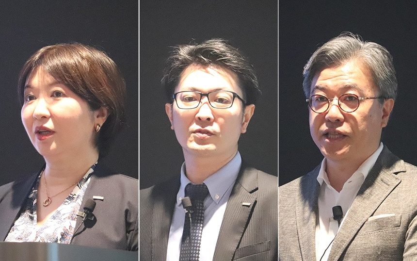 NTT Com 執行役員の福田亜希子氏、荒川大輝氏、エクサウィザーズ代表取締役社長CEOの春田真氏