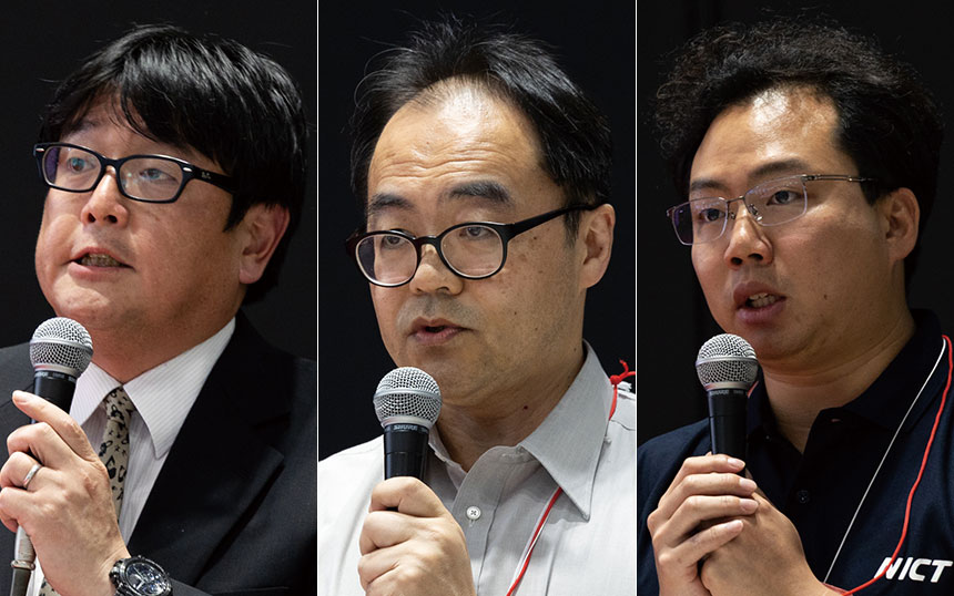 （左から）ソーシャルイノベーションユニット 主管研究員 児島史秀氏／Beyond5G研究開発推進ユニット テラヘルツ研究センター 副研究センター長 笠松章史氏／ネットワーク研究所 ワイヤレスネットワーク研究センター 宇宙通信システム研究室 主任研究員 大倉拓也氏