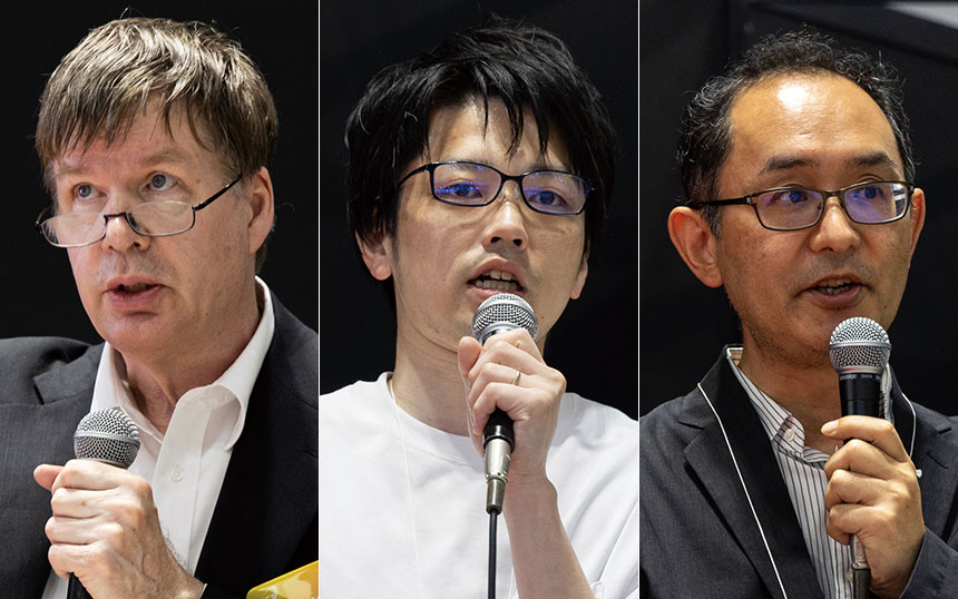 （左から）未来ICT研究所 脳情報通信融合研究センター 企画室 脳機能解析研究室 Ferdinand Peper（ペパー フェルディナンド）氏／ネットワーク研究所 レジリエントICT研究センター サステナブルICTシステム研究室 研究員 世永公輝氏／ソーシャルイノベーションユニット 総合テストベッド研究開発推進センター テストベッド研究開発運用室 室長 寺西裕一氏