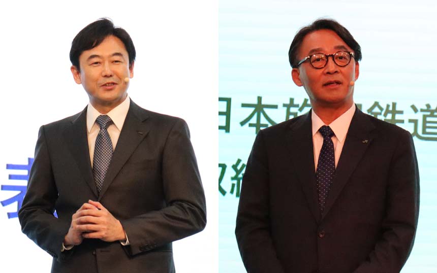 （左から）KDDI 代表取締役社長 CEO 松田浩路氏、JR東日本 代表取締役社長 喜勢陽一氏