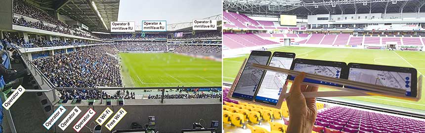 パナソニックスタジアム吹田(左)とサンガスタジアム by KYOCERA(右)で実施した通信環境調査の様子