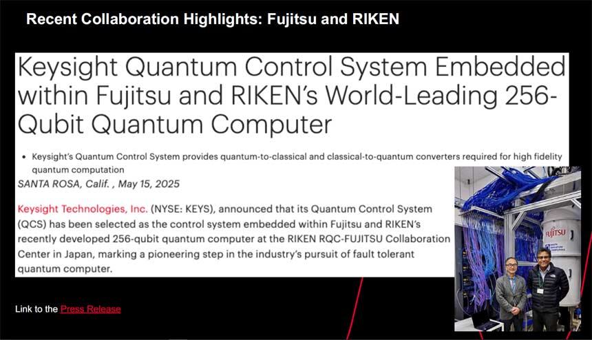 右下にあるのがキーサイトの量子制御システムを採用した理研RQC-富士通連携センターの256量子ビットの超伝導量子コンピューター。現状は量子ビット毎にマイクロ波を送信するケーブルが必要で大量のケーブルが見える