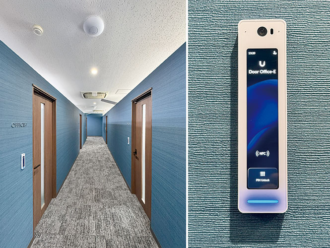 Wi-Fi APは施設内の廊下や共用スペースに計10台設置。施設入口とシェアオフィスの入退室はスマートロック（左）で管理している