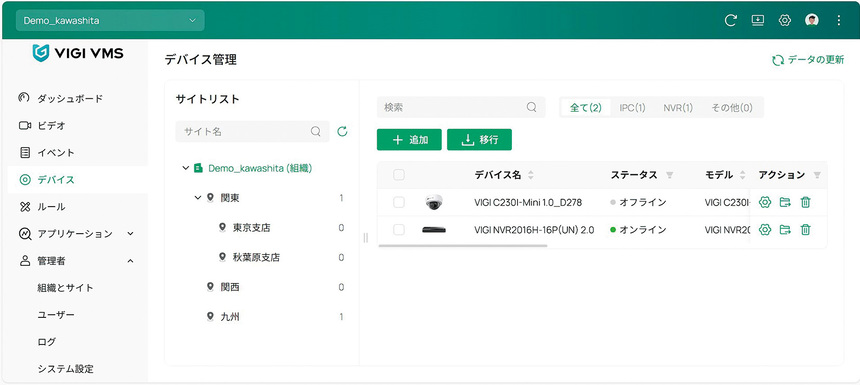 「VIGI Cloud VMS」のデバイス管理画面。サイトを階層化できるため直感的な管理が可能だ