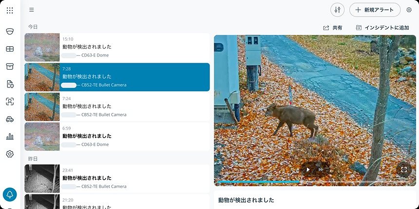 Verkadaのアラートページ：カモシカを検知してリアルタイムで通知を送信