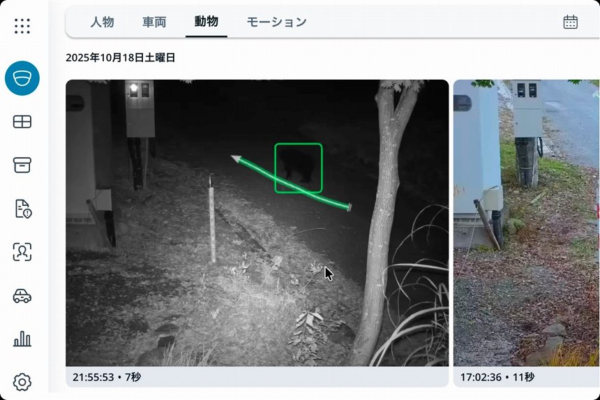 動物モーション検索ページの抜粋：赤外線照射により暗闇にいるツキノワグマを検知