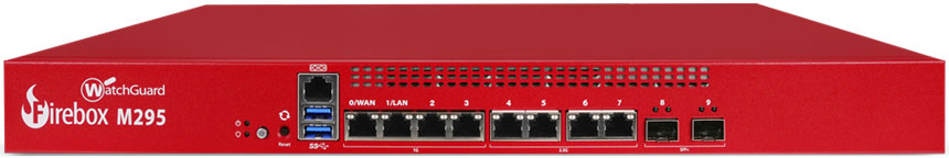 ウォッチガード「Firebox M295」の前面。WAN／LAN用イーサネットポートと管理用インターフェースを備えたラックマウント型セキュリティアプライアンス。