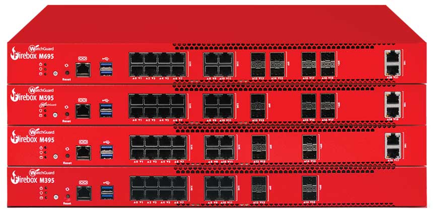 ウォッチガードの次世代セキュリティアプライアンス「Firebox Mシリーズ」（M395／M495／M595／M695）の前面。複数のイーサネットポートとSFP/SFP+スロットを備えたラックマウント型筐体が並んでいる。