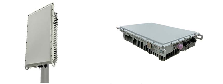 新たな5G 基地局装置・無線機(Massive MIMO装置) 前面(左)、側面(右)