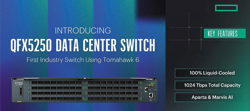 Broadcom Tomahawk 6を搭載した「QFX5250」スイッチ。102.4Tbpsのキャパシティと、100%液冷設計が特徴だ