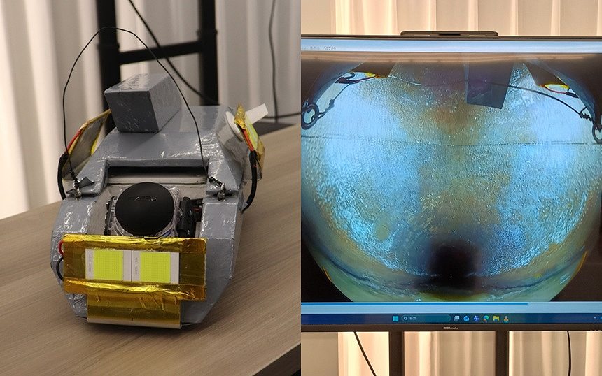 JIWが開発した浮子型ボート（左）と、撮影した管路内映像