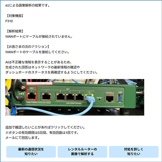 AIによるルーター画像解析の結果をメールで通知する例。WANポートにケーブルが接続されていないことを検知し、対応方法を案内する通知例と、対象ルーターの実機写真が表示されている。