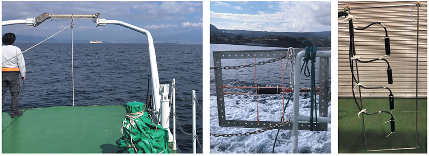 (左から)OKIが実施した水中音響通信に関する実証実験の様子、送波器、受波器(出典:OKI)