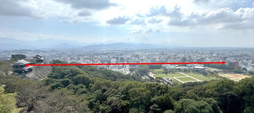 松山城天守付近と市街地にある愛媛CATV社屋の間（約800m）を、ワイヤレスレーザ通信で接続するイメージ。写真には松山城の天守と松山市街が写り、両地点を結ぶ通信経路が赤い矢印で示されている。