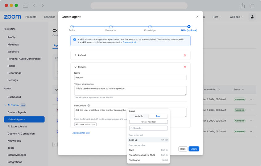「Zoom Virtual Agent AI Receptionist」によるSMS送信の設定イメージ