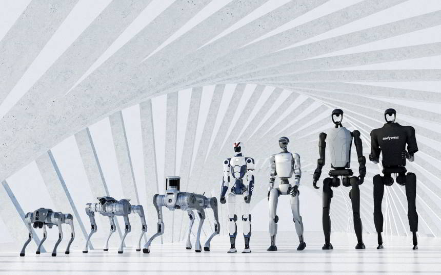 Line of robots in a bright futuristic showroom, from small wheeled models to tall humanoid bots, lined up on a white floor with spiraling arches in the background.