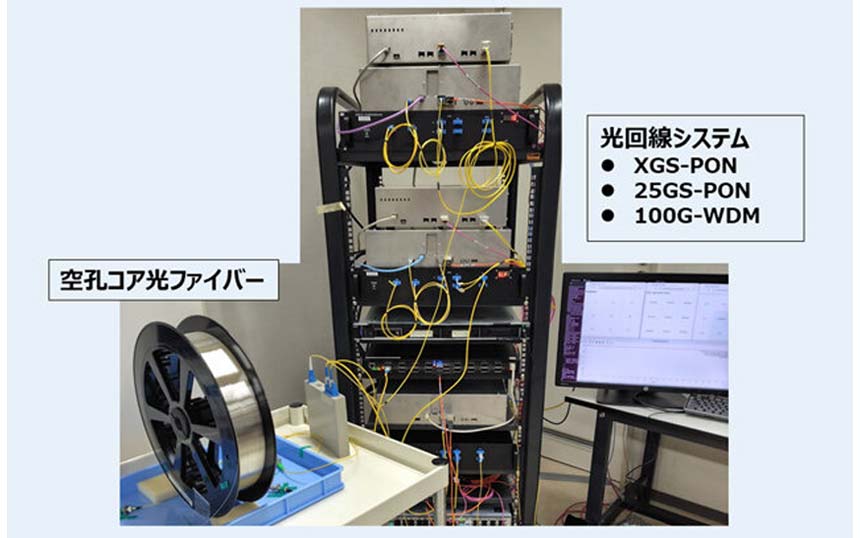 次世代光回線システムのプロトタイプと空孔コア光ファイバーの検証の様子