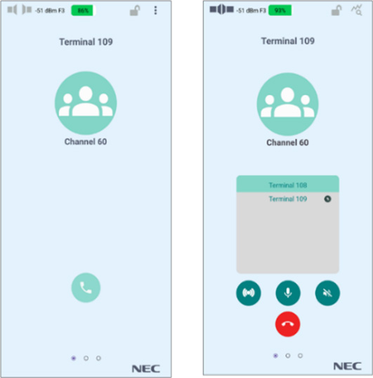玉掛合図無線システムのスマートフォン操作画面イメージ。画面には「Terminal 109」「Channel 60」と表示され、グループ通話用のアイコンや通話ボタンが配置されている。別画面では通話参加端末の一覧と、スピーカー、マイク、ミュート、通話終了などの操作ボタンが表示されており、現場作業員がスマートフォン上で通話操作できることを示している。