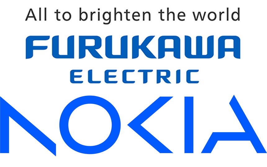 Slogan 'All to brighten the world' above blue Furukawa Electric and Nokia logos, with the Nokia wordmark partially visible on the bottom.