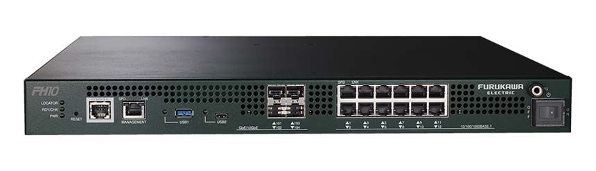 Front view of a Furukawa Electric network switch with many Ethernet ports, a management port, USB, LEDs, and a right-side power switch.