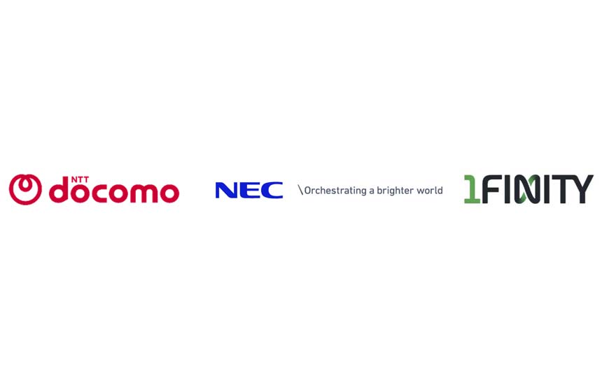 Logos of NTT Docomo, NEC, and 1FINITY aligned in a row, representing a collaboration.