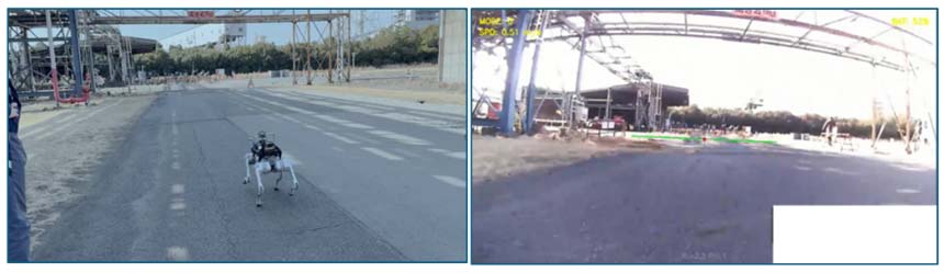 (左から)走行中の四足歩行ロボット、ロボットが取得した映像
