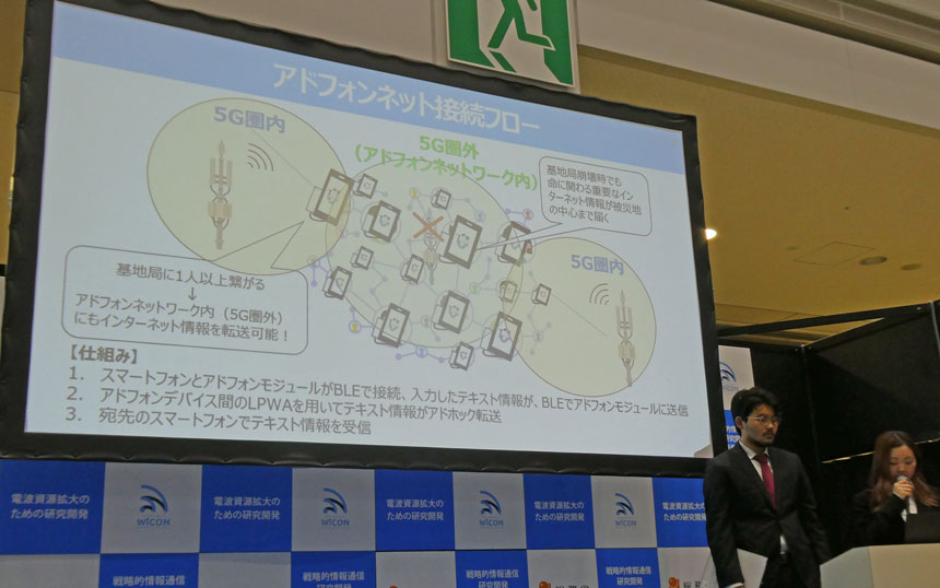 「おきなわ りうぇ～ぶ」チーム（沖縄工業高専）のプレゼンテーション。「アドフォン」はLPWAのアドホック通信を利用して情報をバケツリレーで伝達する。