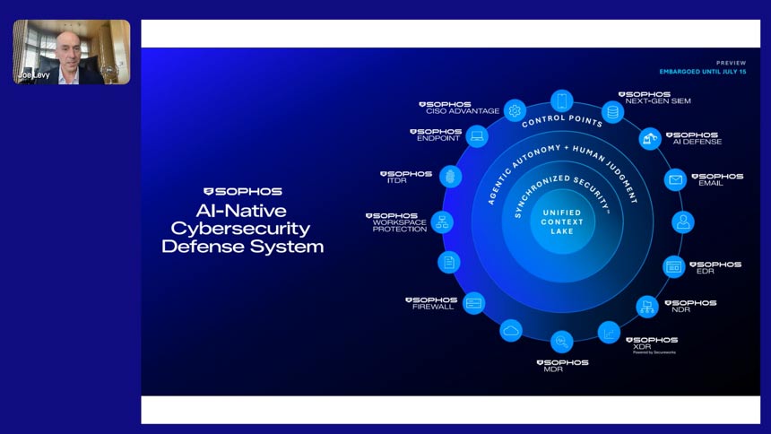 サイバーセキュリティ防御システム「Sophos Fusion」の全体像を説明するソフォス CEOのジョー・レヴィ氏