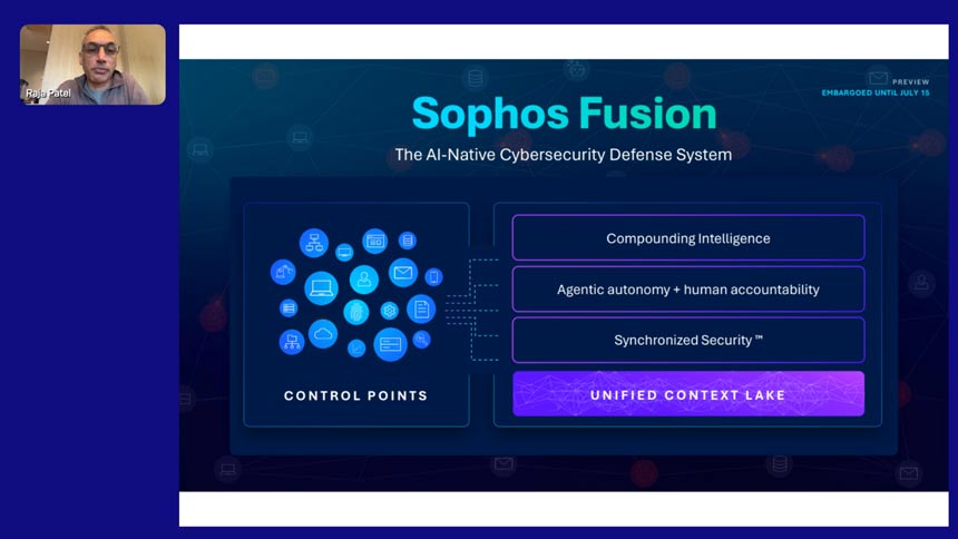 Sophos Fusionの4つの特徴。左上はソフォス 製品およびマーケティング担当プレジデントのラジャ・パテル氏