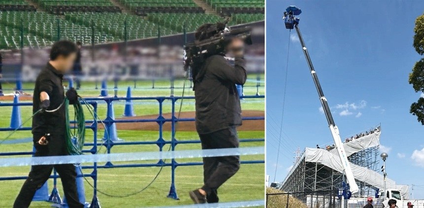 報道カメラに接続した映像伝送用の物理ケーブル(上)と、高所作業車から垂れ下がるカメラケーブル(右)