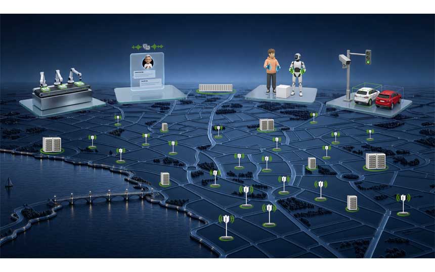 AI-RANが社会実装されたイメージを描いたイラスト。都市の各所に基地局やサーバーが分散配置され、産業用ロボット、音声対話AI、ヒューマノイドロボット、自動車などを支える通信・AI基盤が描かれている。