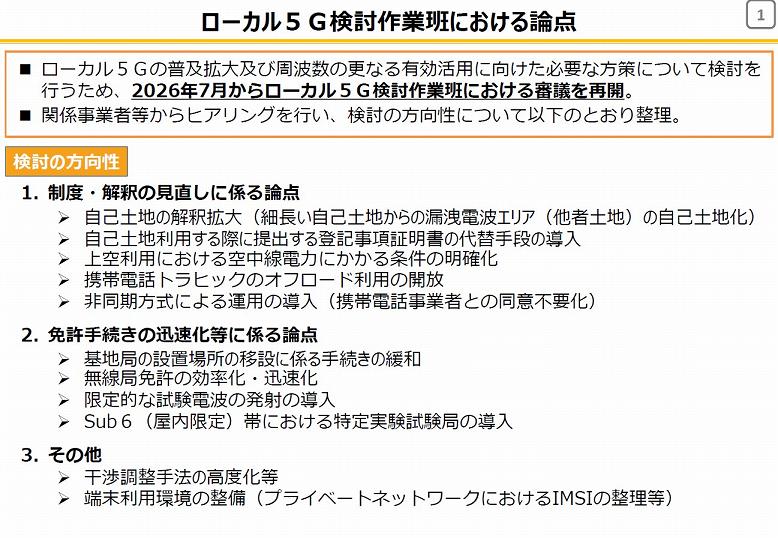 ローカル5G検討作業版における論点（出典：事務局資料）